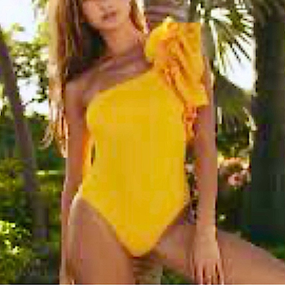 Zara Large Ruffle One Shoulder One Piece Swimsuit in Bright Yellow - Picture 9 of 15